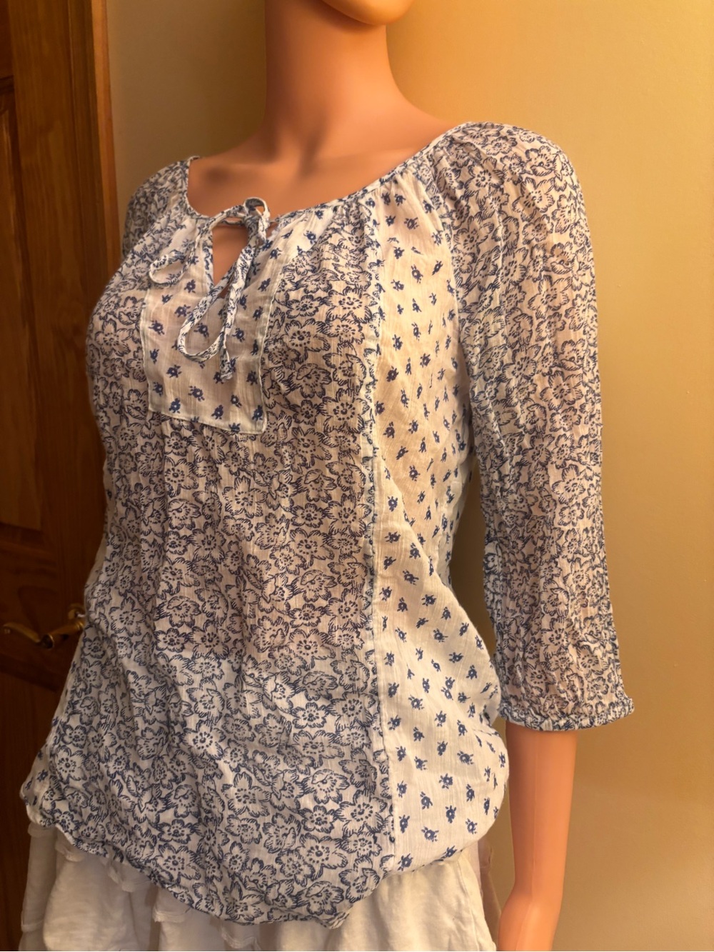 Old Navy Blue and White Floral Tie-Front Peasant Top